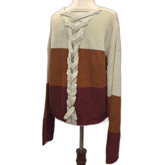 Derek Heart Lace Up Three Tone Sweater Size XL - Picture 3 of 8